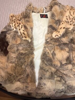 Vintage Oh Plush Faux Fur Coat in Brown and Cream with Leopard Trim